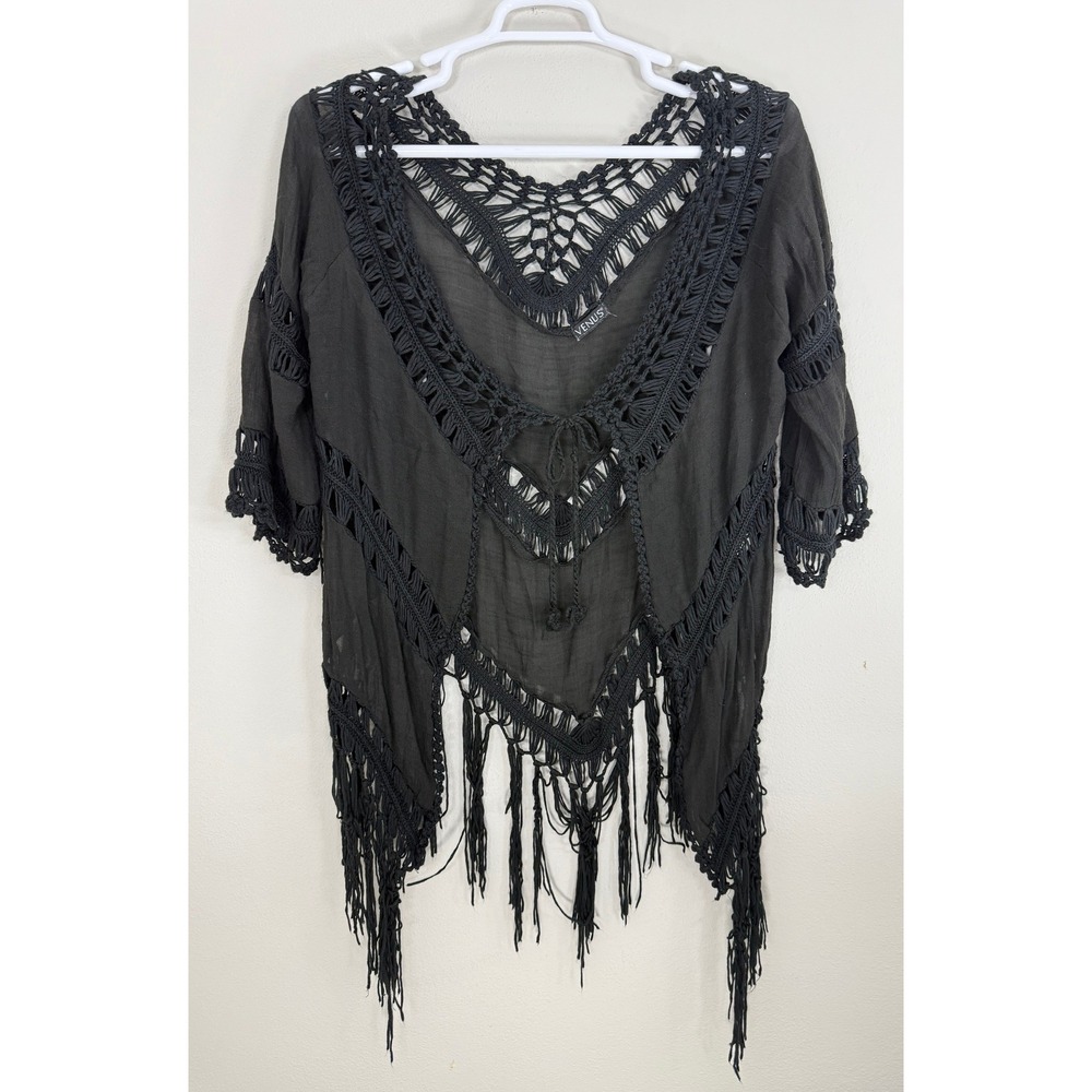 Venus Crochet Fringe Swim Cover Up Women One Size Black Boho Festival Stevie